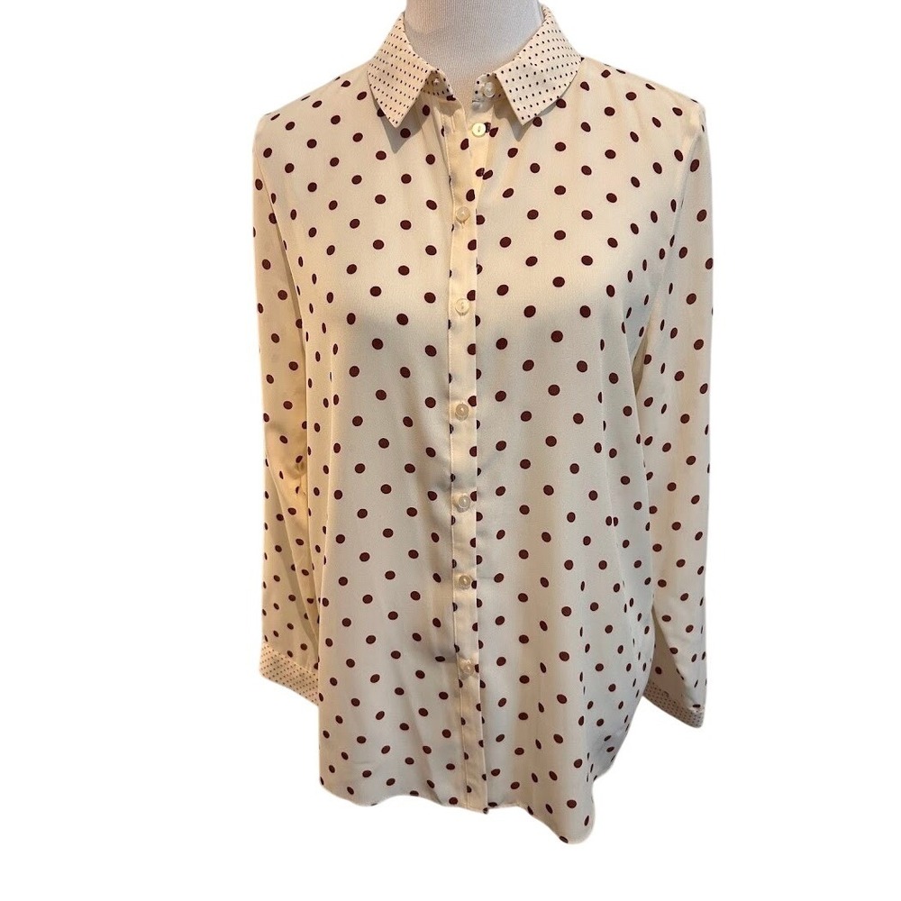 Primark Womens Cream Brown Polka Dot Button Down Blouse‎ Shirt Size 10 Long Slv